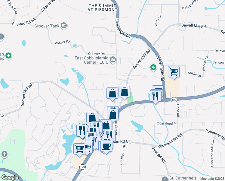 map of restaurants, bars, coffee shops, grocery stores, and more near 1021 Braswell Road in Marietta