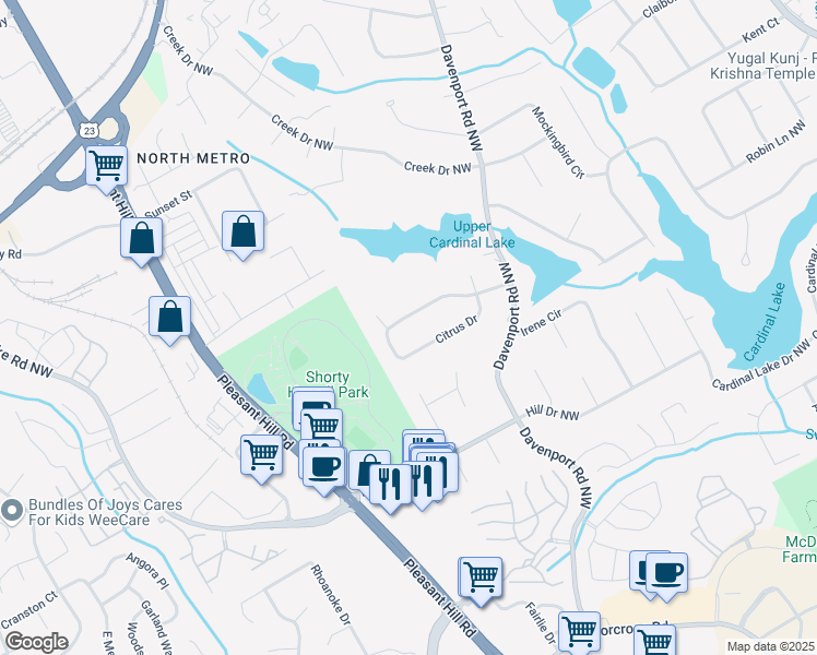 map of restaurants, bars, coffee shops, grocery stores, and more near 3510 Citrus Drive in Duluth