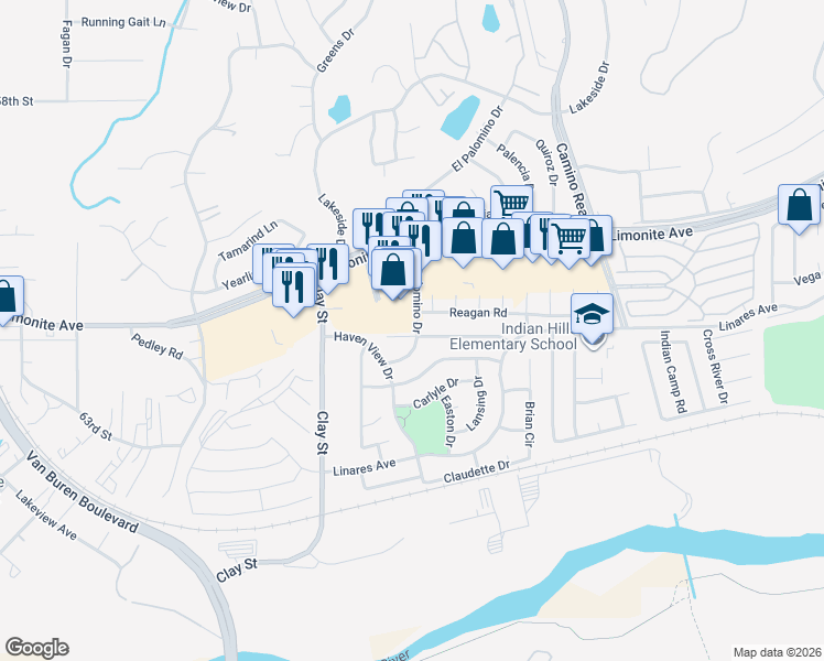 map of restaurants, bars, coffee shops, grocery stores, and more near 8025 Wendover Drive in Riverside