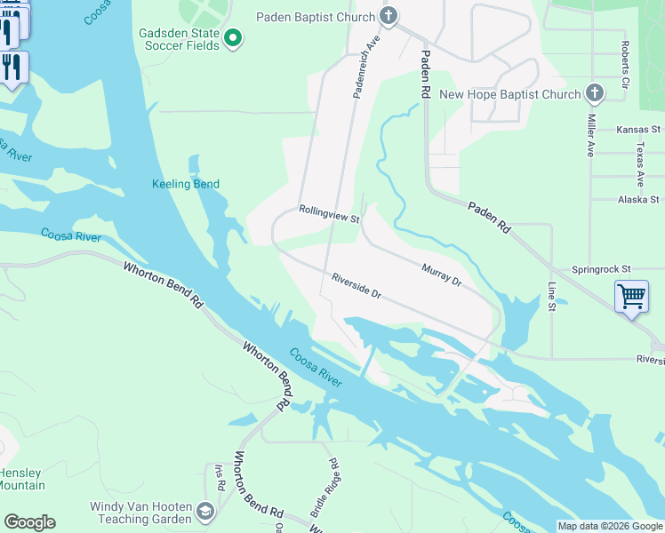 map of restaurants, bars, coffee shops, grocery stores, and more near 508 Riverside Drive in Gadsden