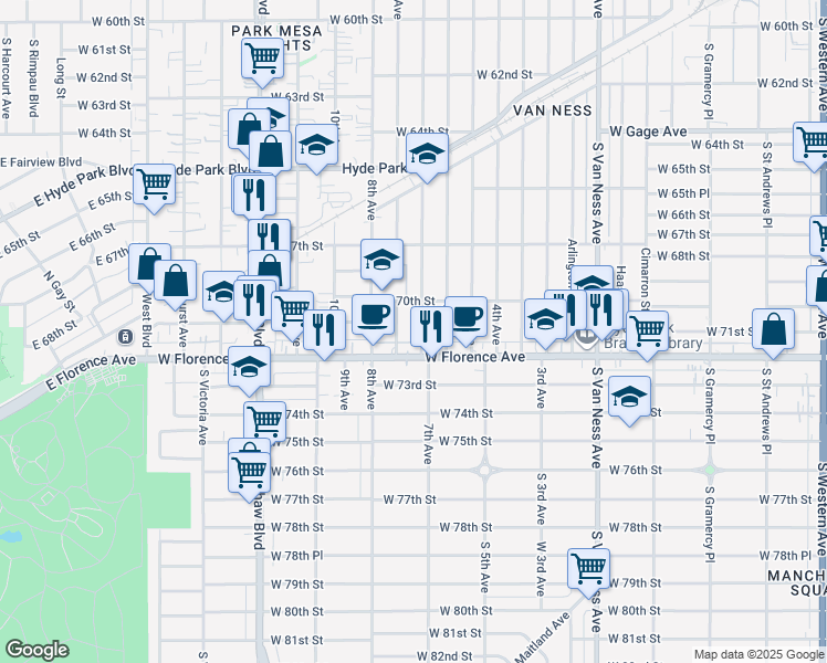 map of restaurants, bars, coffee shops, grocery stores, and more near 2823 West Florence Avenue in Los Angeles