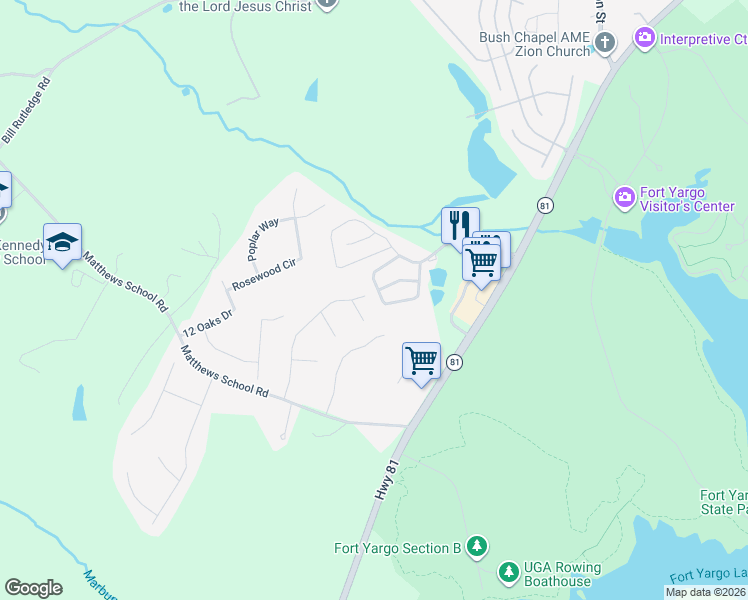 map of restaurants, bars, coffee shops, grocery stores, and more near 1494 Box Circle in Winder