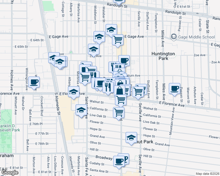 map of restaurants, bars, coffee shops, grocery stores, and more near 7116 Malabar Street in Huntington Park