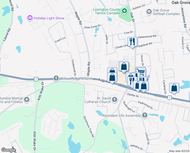map of restaurants, bars, coffee shops, grocery stores, and more near 1 Augusta Road in Lexington