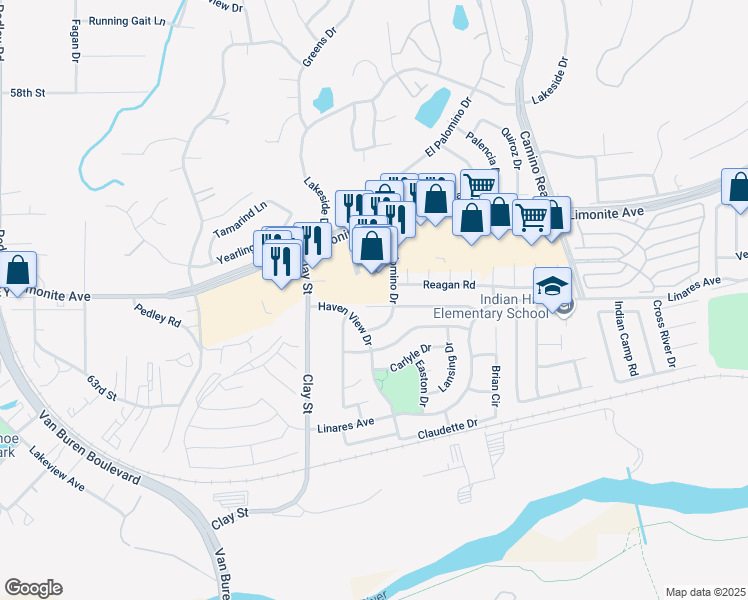 map of restaurants, bars, coffee shops, grocery stores, and more near 8036 Wendover Drive in Riverside