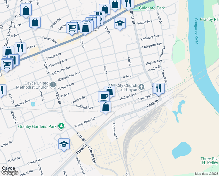 map of restaurants, bars, coffee shops, grocery stores, and more near 815 Lexington Avenue in Cayce
