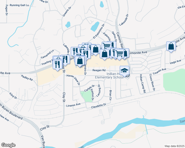 map of restaurants, bars, coffee shops, grocery stores, and more near 7961 Wendover Drive in Riverside