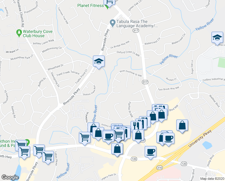 map of restaurants, bars, coffee shops, grocery stores, and more near 855 River Overlook Drive Northwest in Lawrenceville