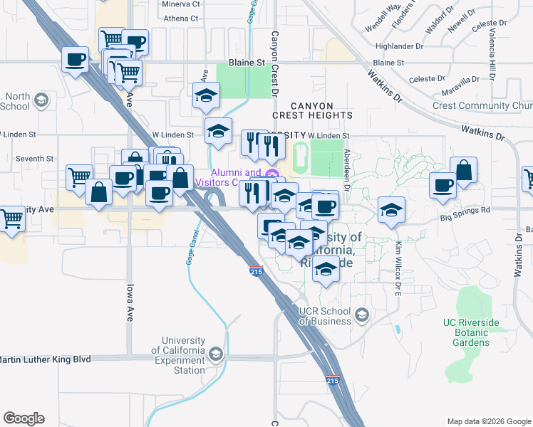 map of restaurants, bars, coffee shops, grocery stores, and more near 900 University Avenue in Riverside