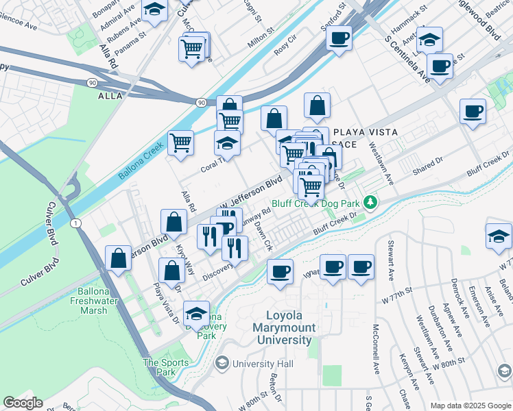 map of restaurants, bars, coffee shops, grocery stores, and more near 12883 West Runway Road in Los Angeles
