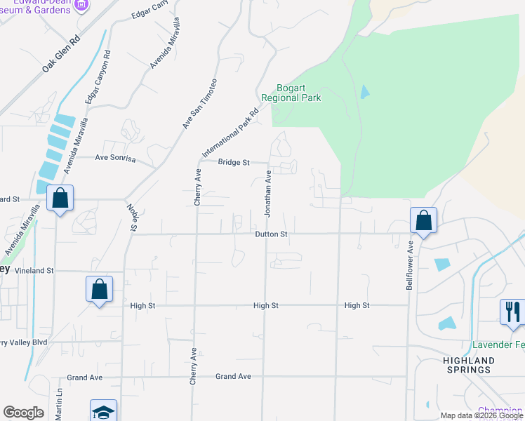 map of restaurants, bars, coffee shops, grocery stores, and more near 10045 Jonathan Avenue in Cherry Valley