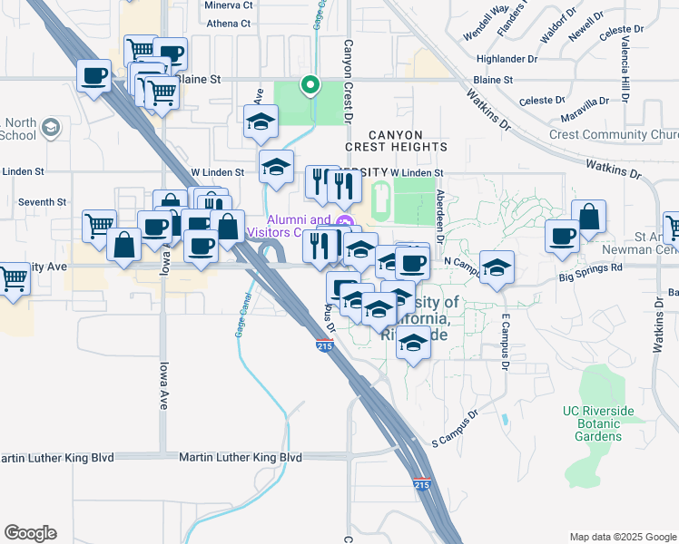 map of restaurants, bars, coffee shops, grocery stores, and more near 900 University Avenue in Riverside