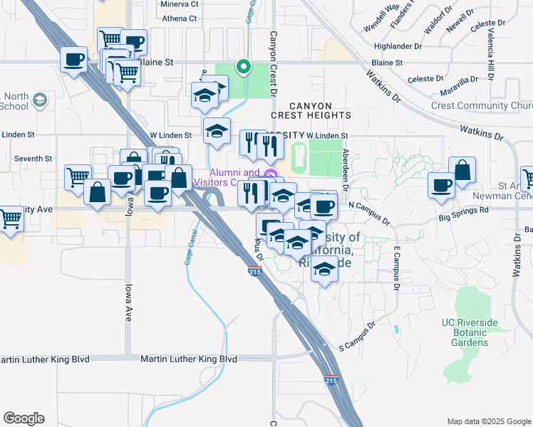 map of restaurants, bars, coffee shops, grocery stores, and more near 900 University Avenue in Riverside