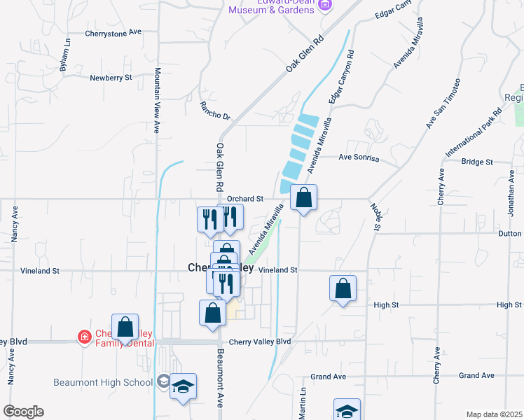 map of restaurants, bars, coffee shops, grocery stores, and more near 10081 Avenida Miravilla in Cherry Valley