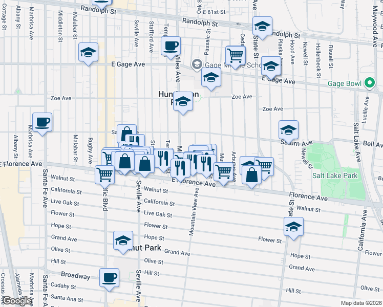 map of restaurants, bars, coffee shops, grocery stores, and more near 7011 Mountain View Avenue in Huntington Park