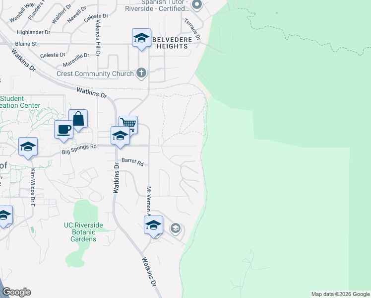 map of restaurants, bars, coffee shops, grocery stores, and more near 270 East Big Springs Road in Riverside