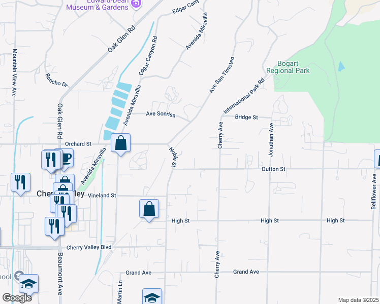 map of restaurants, bars, coffee shops, grocery stores, and more near 10088 Noble Street in Cherry Valley