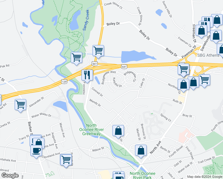 map of restaurants, bars, coffee shops, grocery stores, and more near 242 Fern Ridge Court in Athens