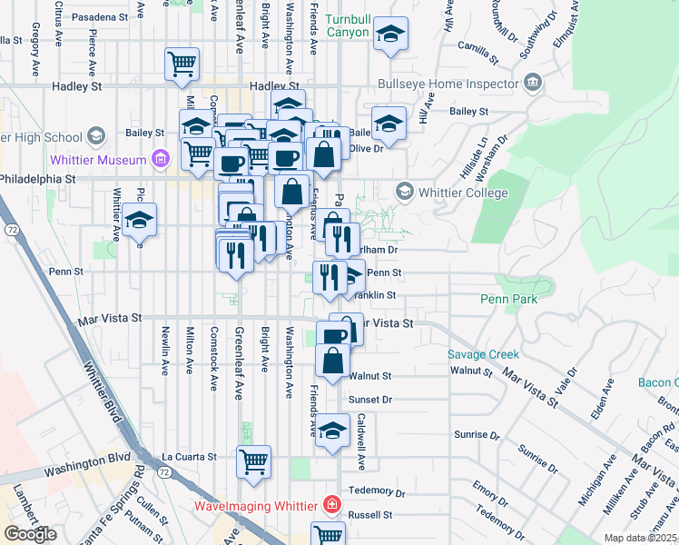 map of restaurants, bars, coffee shops, grocery stores, and more near 11730 Whittier Boulevard in Whittier