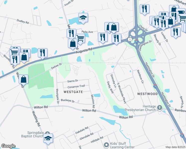 map of restaurants, bars, coffee shops, grocery stores, and more near 501 Castlerock Court in West Columbia