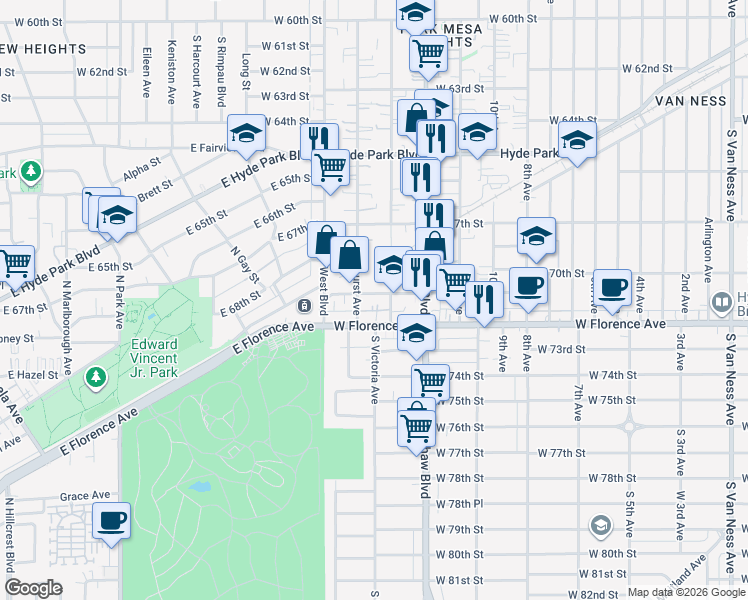 map of restaurants, bars, coffee shops, grocery stores, and more near 3519 West Florence Avenue in Los Angeles