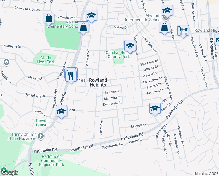 map of restaurants, bars, coffee shops, grocery stores, and more near 18469 Barroso Street in Rowland Heights