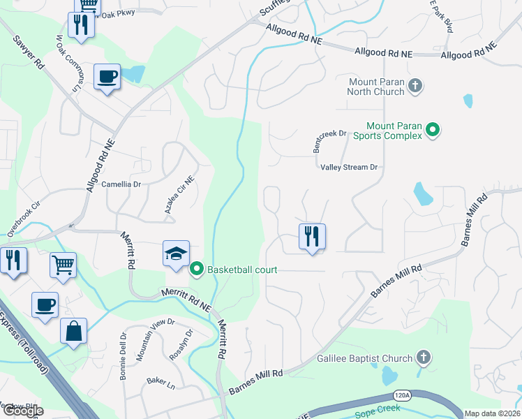 map of restaurants, bars, coffee shops, grocery stores, and more near 1063 Soaring Way Northeast in Marietta