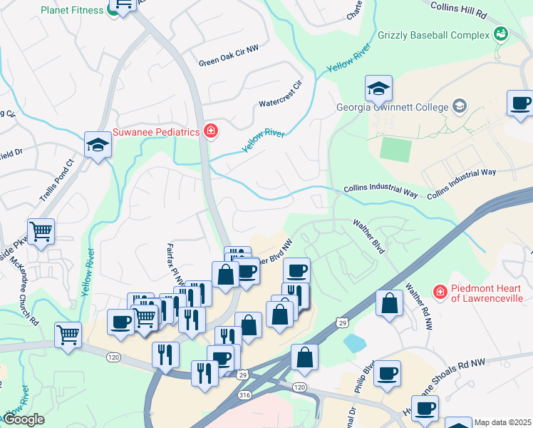 map of restaurants, bars, coffee shops, grocery stores, and more near 410 Twin Brook Way Northwest in Lawrenceville