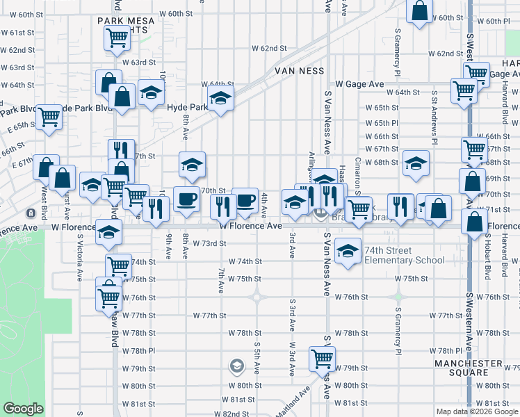 map of restaurants, bars, coffee shops, grocery stores, and more near 7046 4th Avenue in Los Angeles