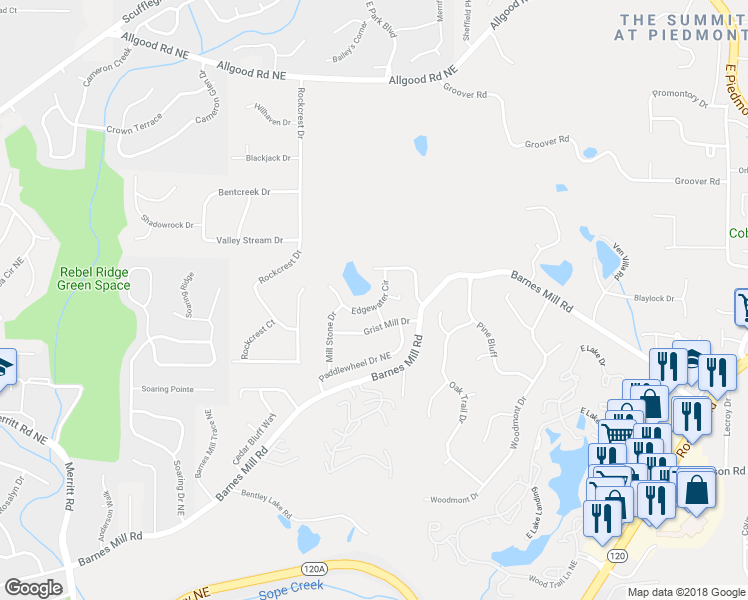 map of restaurants, bars, coffee shops, grocery stores, and more near 915 Edgewater Circle in Marietta