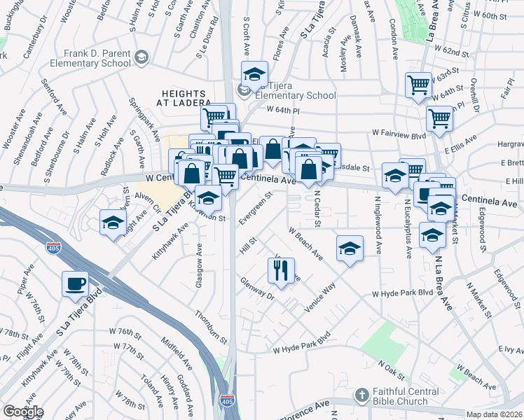 map of restaurants, bars, coffee shops, grocery stores, and more near 530 Evergreen Street in Inglewood