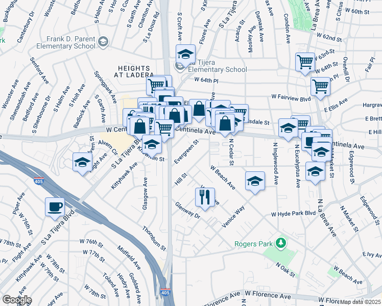 map of restaurants, bars, coffee shops, grocery stores, and more near 530 Evergreen Street in Inglewood