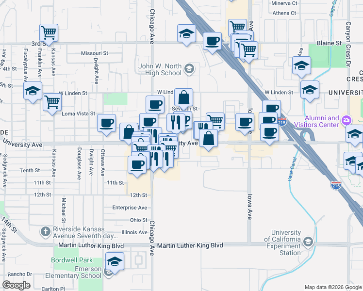 map of restaurants, bars, coffee shops, grocery stores, and more near 1550 University Avenue in Riverside