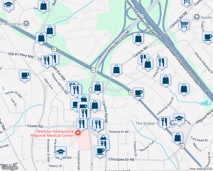 map of restaurants, bars, coffee shops, grocery stores, and more near 820 Canton Road in Marietta