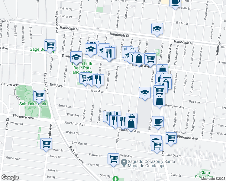 map of restaurants, bars, coffee shops, grocery stores, and more near 4033 Bell Avenue in Bell