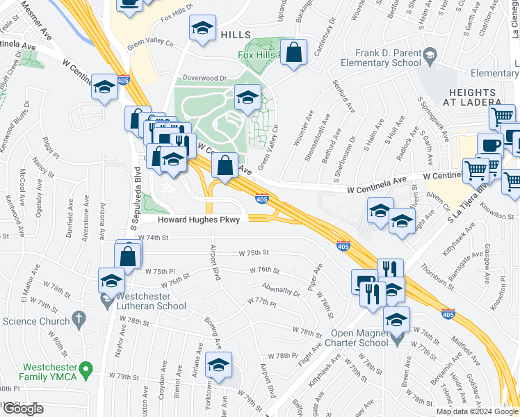 map of restaurants, bars, coffee shops, grocery stores, and more near 5901 Center Drive in Los Angeles