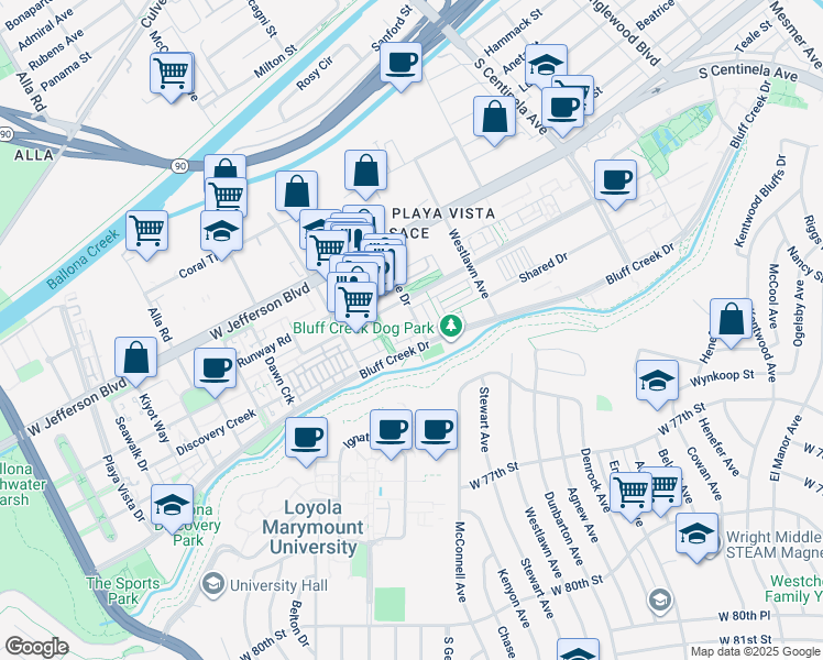 map of restaurants, bars, coffee shops, grocery stores, and more near 5837 Village Drive in Los Angeles