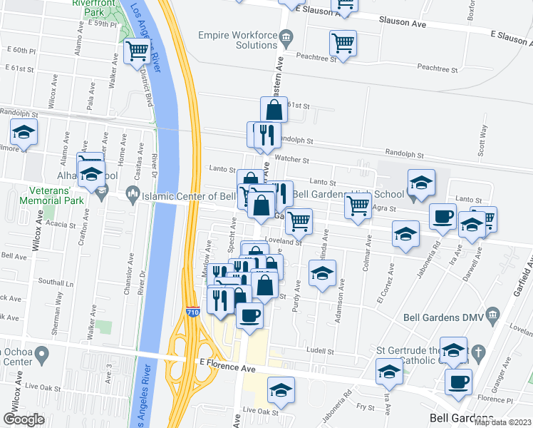map of restaurants, bars, coffee shops, grocery stores, and more near 5721 East Gage Avenue in Bell Gardens