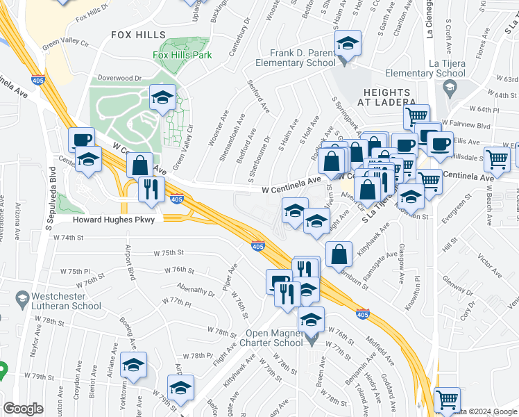 map of restaurants, bars, coffee shops, grocery stores, and more near 5770 West Centinela Avenue in Los Angeles