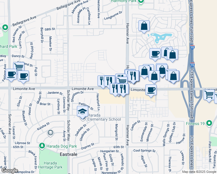 map of restaurants, bars, coffee shops, grocery stores, and more near 12601 Limonite Avenue in Eastvale