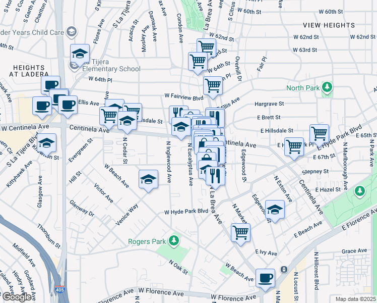 map of restaurants, bars, coffee shops, grocery stores, and more near 914 North Eucalyptus Avenue in Inglewood
