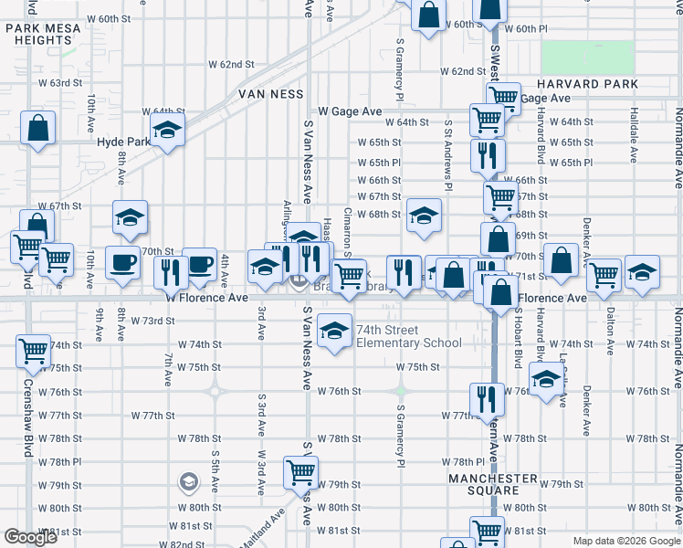 map of restaurants, bars, coffee shops, grocery stores, and more near 7037 Cimarron Street in Los Angeles