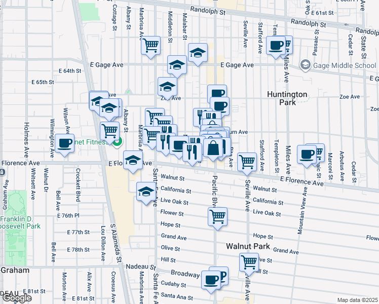 map of restaurants, bars, coffee shops, grocery stores, and more near 7116 Malabar Street in Huntington Park
