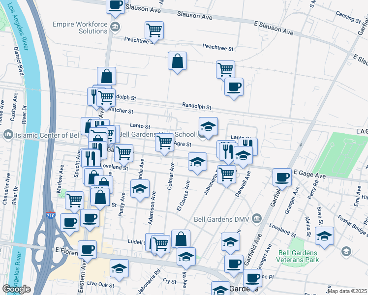 map of restaurants, bars, coffee shops, grocery stores, and more near 6011 East Gage Avenue in Bell Gardens