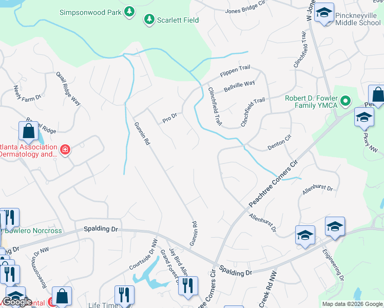 map of restaurants, bars, coffee shops, grocery stores, and more near 4460 Flippen Trail in Norcross