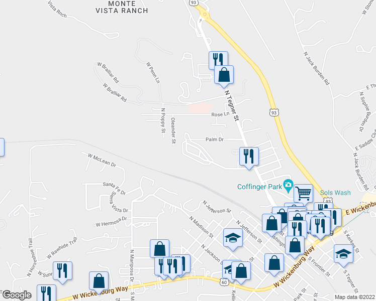 map of restaurants, bars, coffee shops, grocery stores, and more near 550 Palm Drive in Wickenburg