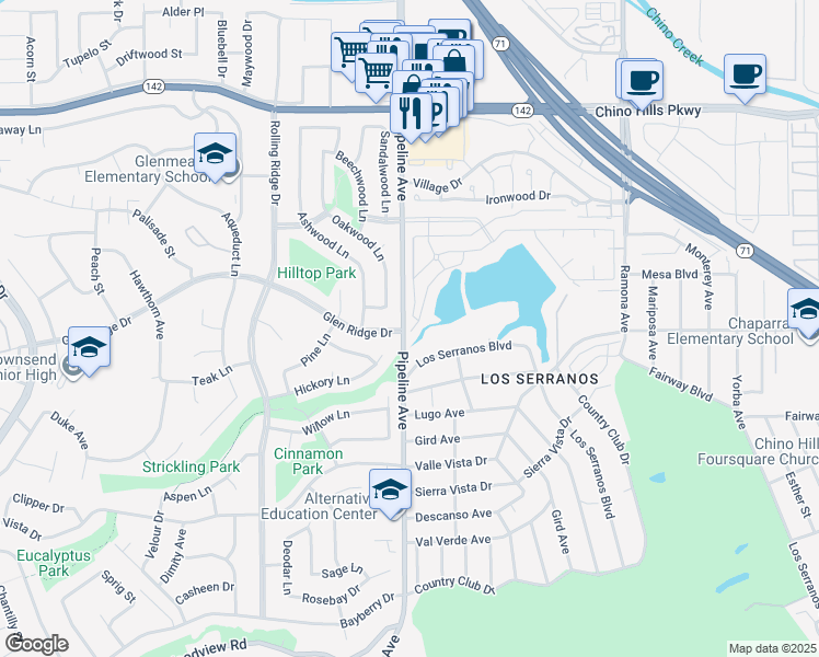 map of restaurants, bars, coffee shops, grocery stores, and more near 15111 Pipeline Avenue in Chino Hills