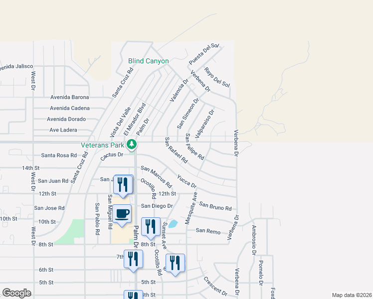 map of restaurants, bars, coffee shops, grocery stores, and more near 66729 San Felipe Road in Desert Hot Springs