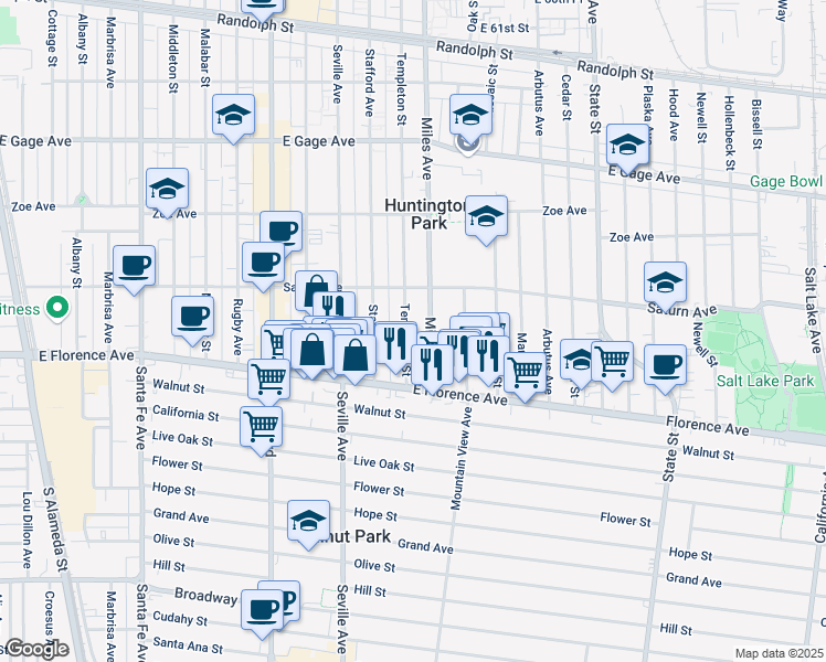 map of restaurants, bars, coffee shops, grocery stores, and more near 7028 Templeton Street in Huntington Park
