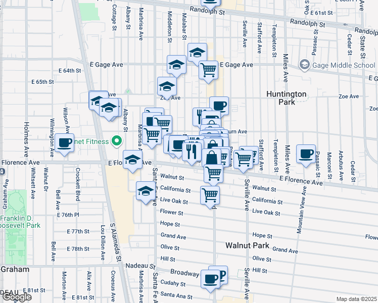 map of restaurants, bars, coffee shops, grocery stores, and more near 7116 Malabar Street in Huntington Park